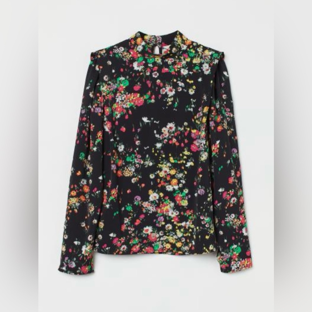 Black H&M long sleeved blouse with multi coloured floral print, NWT, sz M